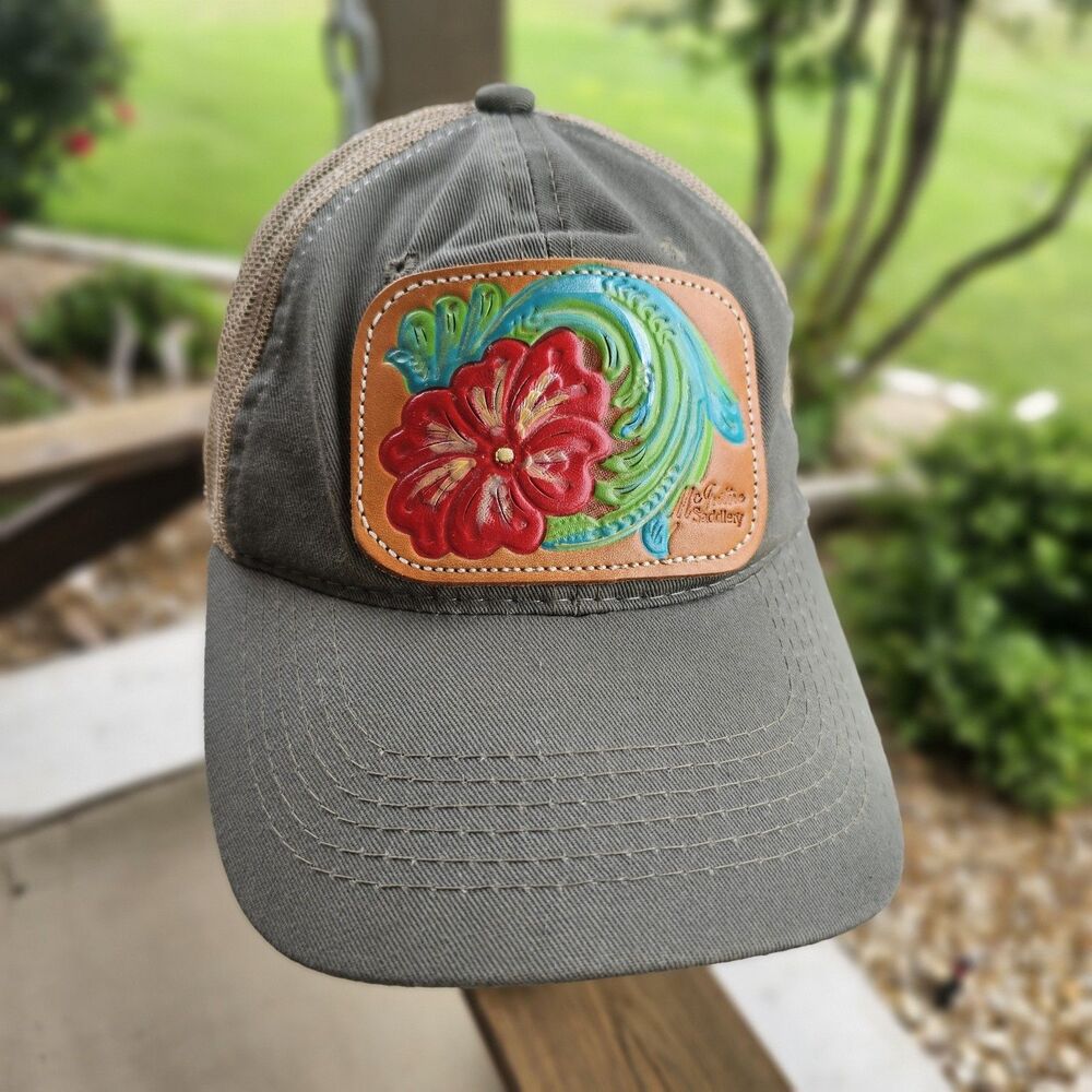 McIntire Saddlery Tooled Brown Leather Patch Cap Hat Adjustable Western Ranch